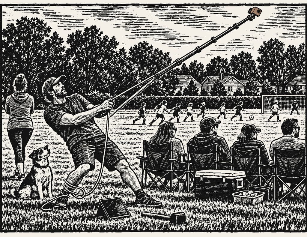 Linocut of Will hauling a fourteen-foot camera pole upright on the sideline of a kids' soccer game while the other parents watch the match
