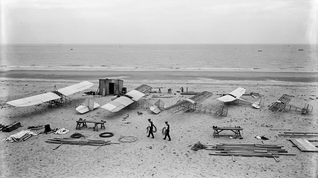 Gliders in various stages of assembly on the sand, with two men carrying rigging line